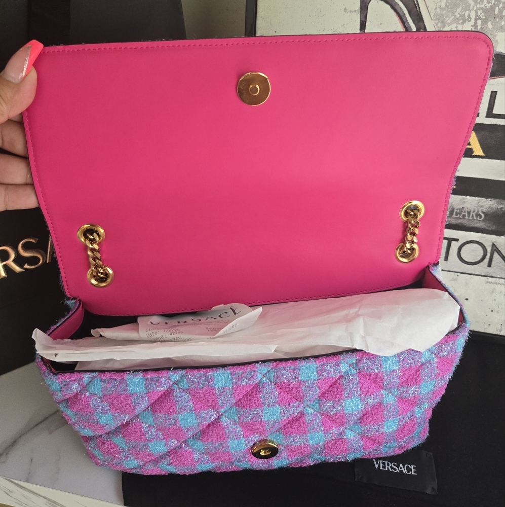 Versace Tweed Pink And Blue Two Way Bag NWT - Picture 3 of 13